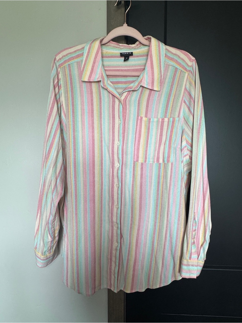 torrid Pastel Stripe Button-Up Shirt in Pink, Blue & Green